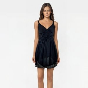 Grifflin Paris Black Ruched Chiffon Mini Dress V-Neck Adjustable Straps Size L